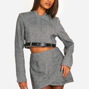 Herringbone Wrap Front Mini Skirt