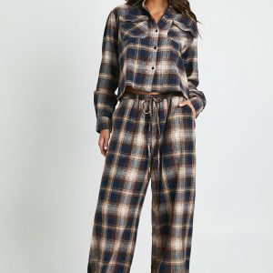 Check Print Drawstring Waist Wide Leg Trousers