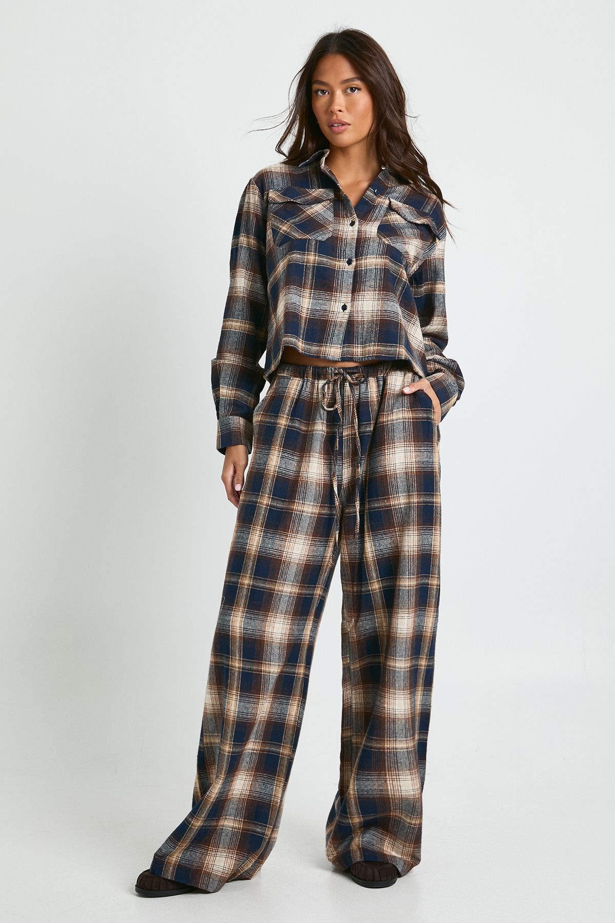 Check Print Drawstring Waist Wide Leg Trousers