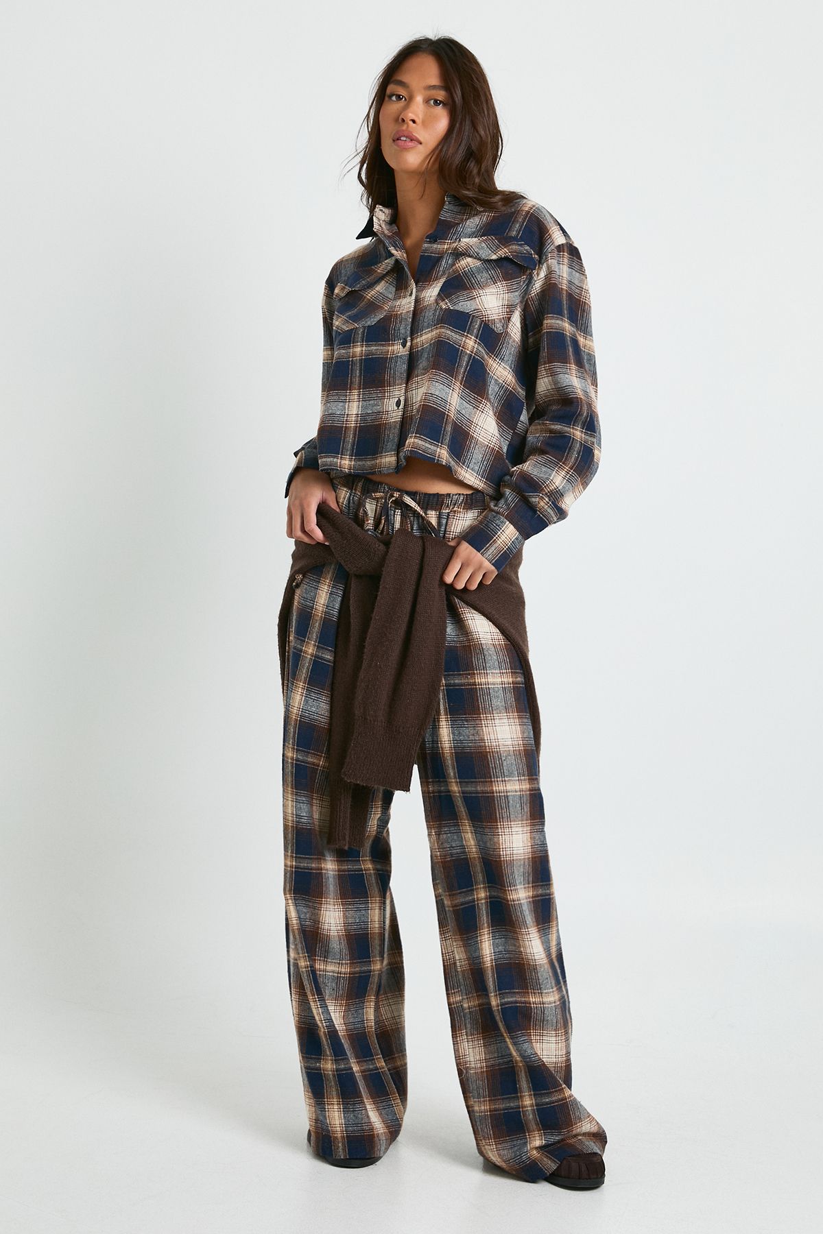 Check Print Drawstring Waist Wide Leg Trousers - Image 3