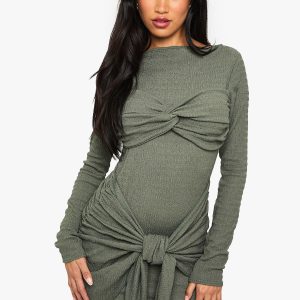 Textured Wrap Knot Detail Mini Dress