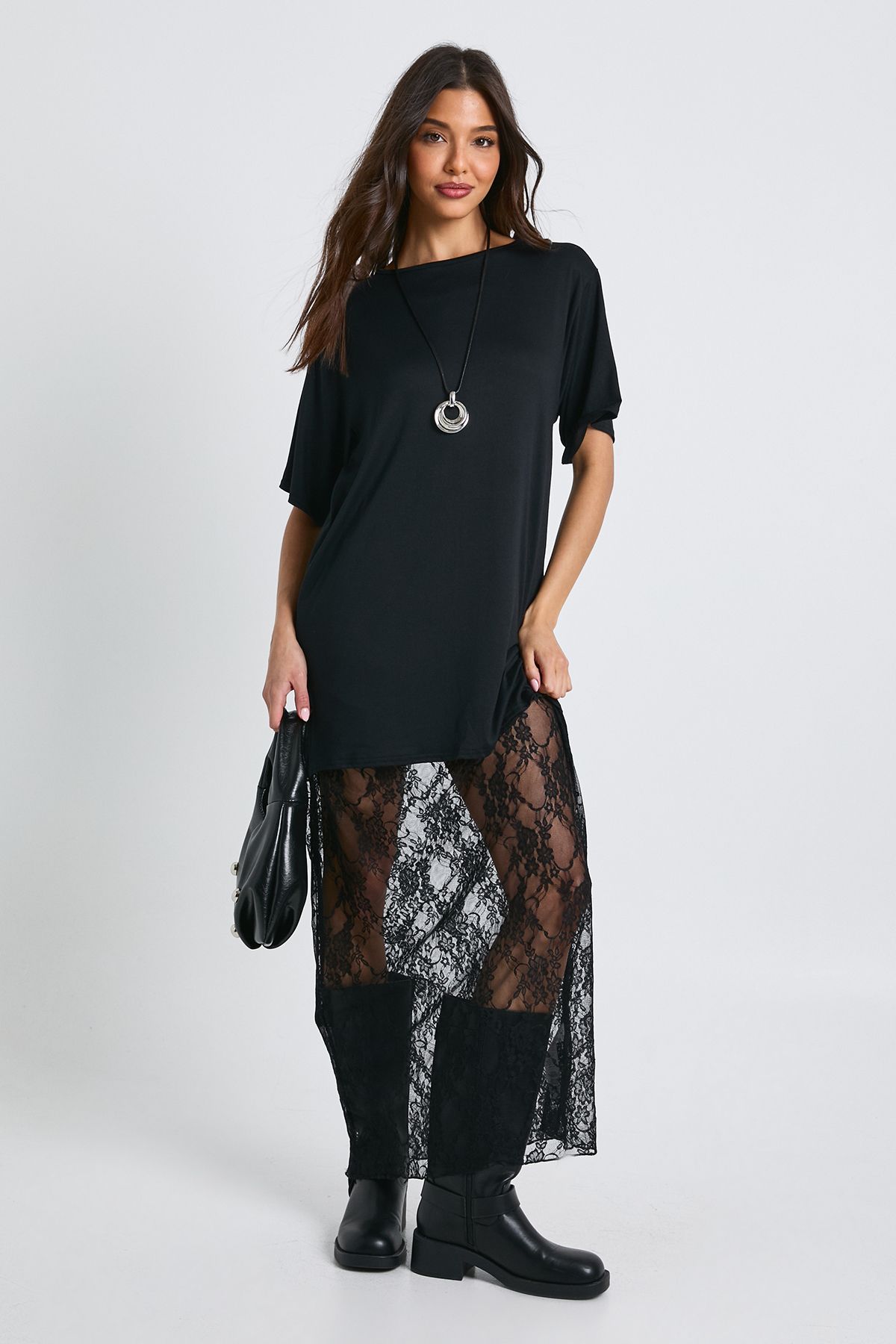Lace Detail Midaxi T-shirt Dress - Image 3