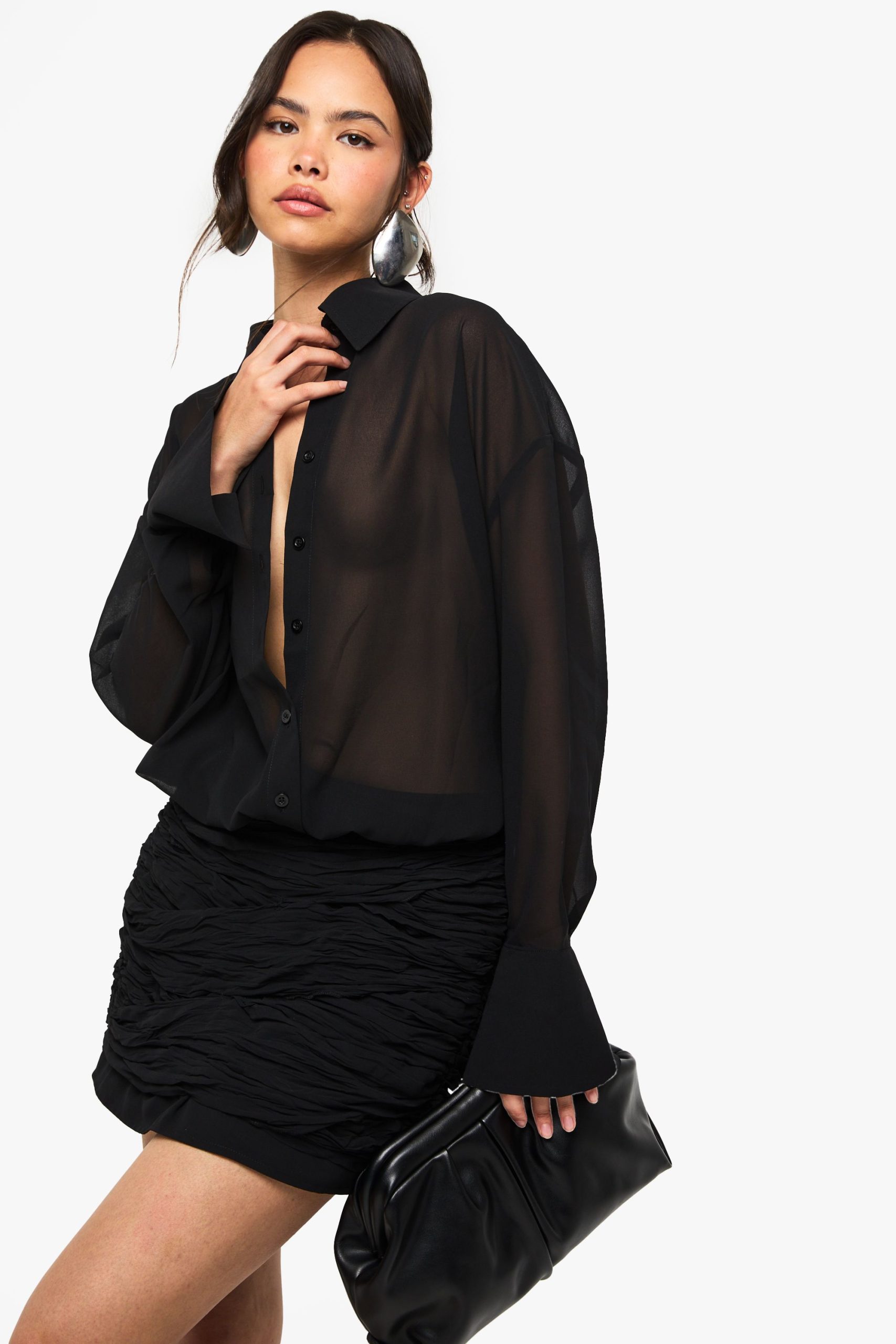 Chiffon Drop Waist Ruched Shirt Dress