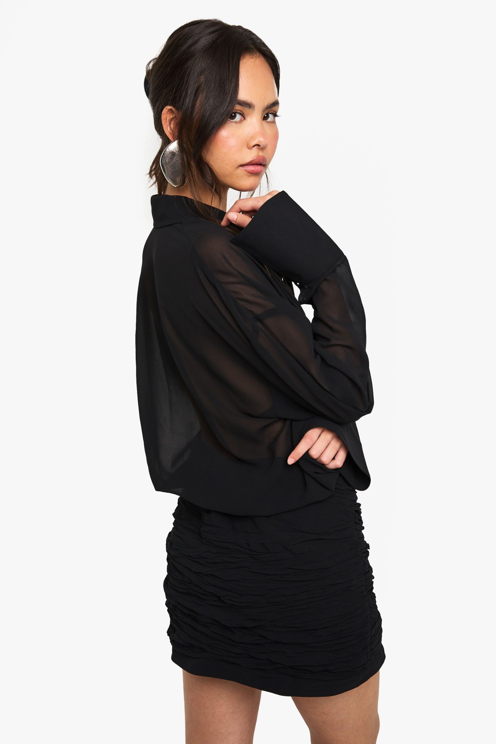 Chiffon Drop Waist Ruched Shirt Dress - Image 2