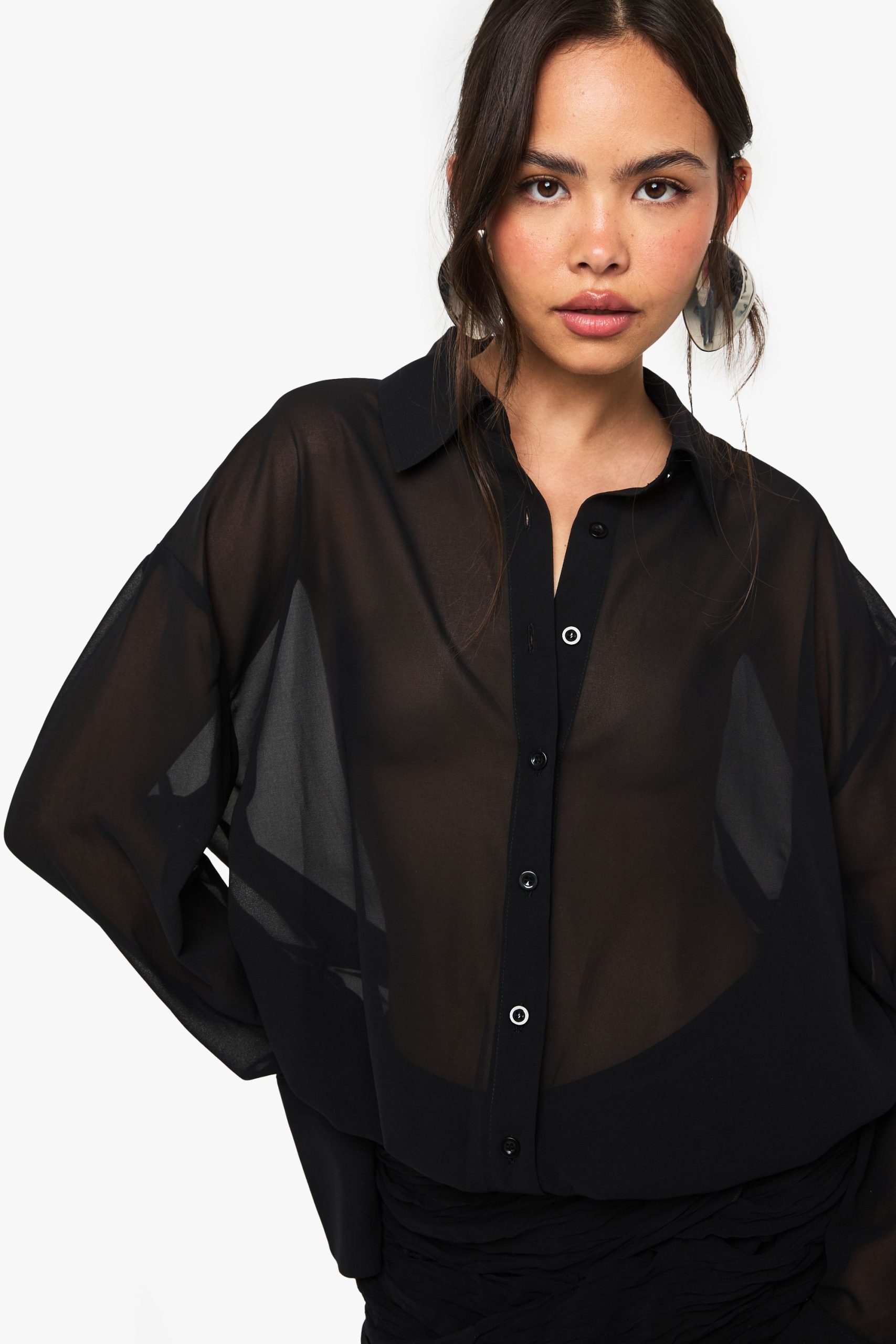 Chiffon Drop Waist Ruched Shirt Dress - Image 4