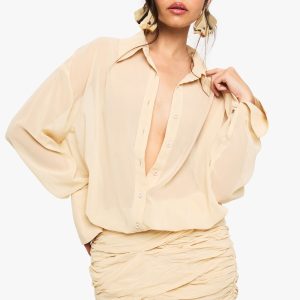 Chiffon Drop Waist Ruched Shirt Dress