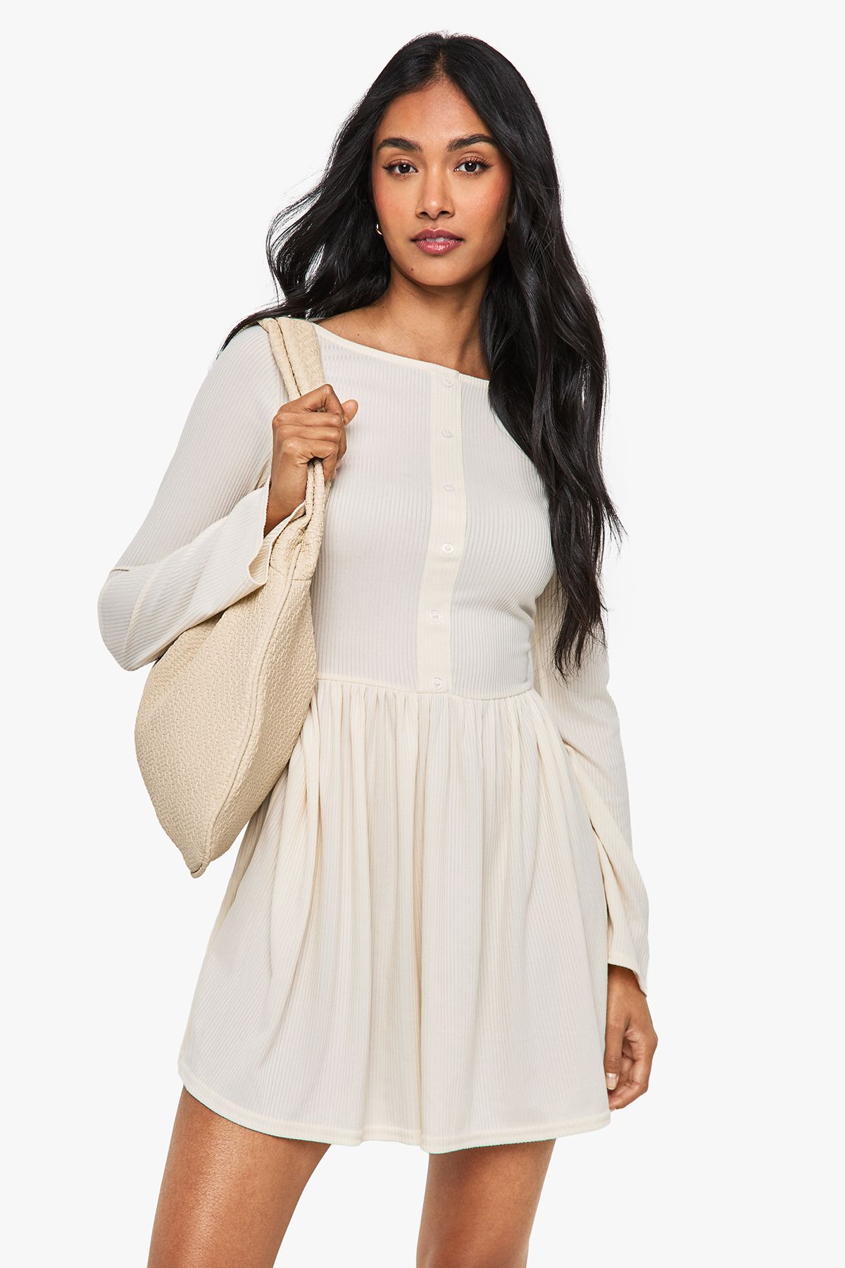 Rib Drop Hem Button Down Mini Dress