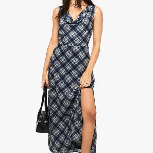 Check Chiffon Cowl Neck Midaxi Dress