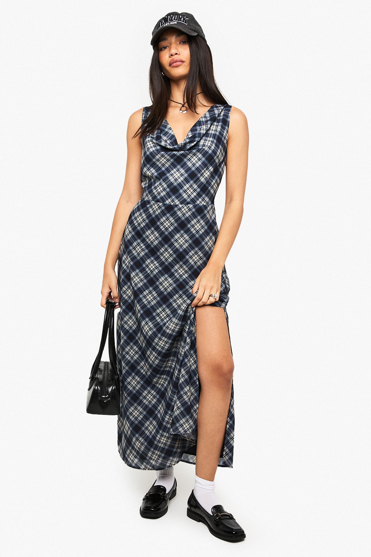 Check Chiffon Cowl Neck Midaxi Dress