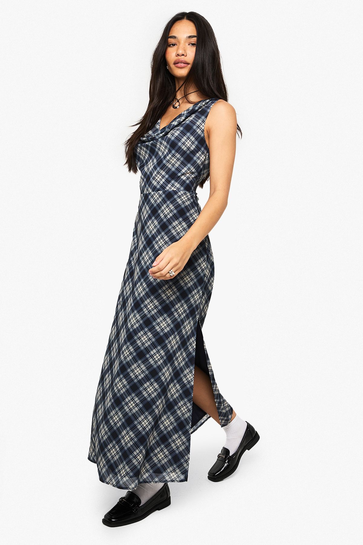 Check Chiffon Cowl Neck Midaxi Dress - Image 3