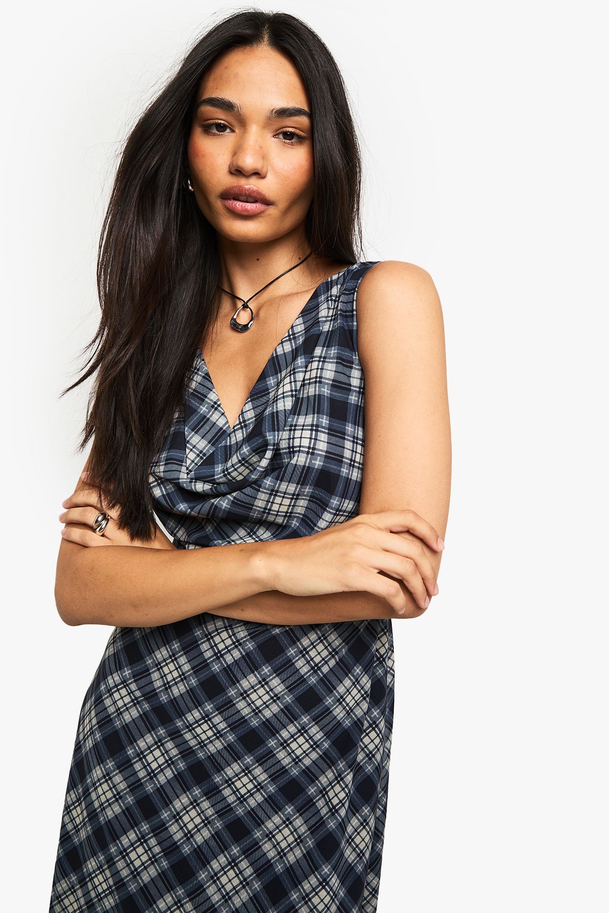 Check Chiffon Cowl Neck Midaxi Dress - Image 4