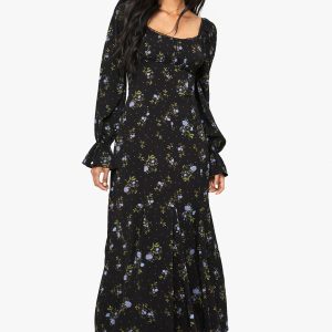 Floral Milkmaid Godet Hem Midaxi Dress