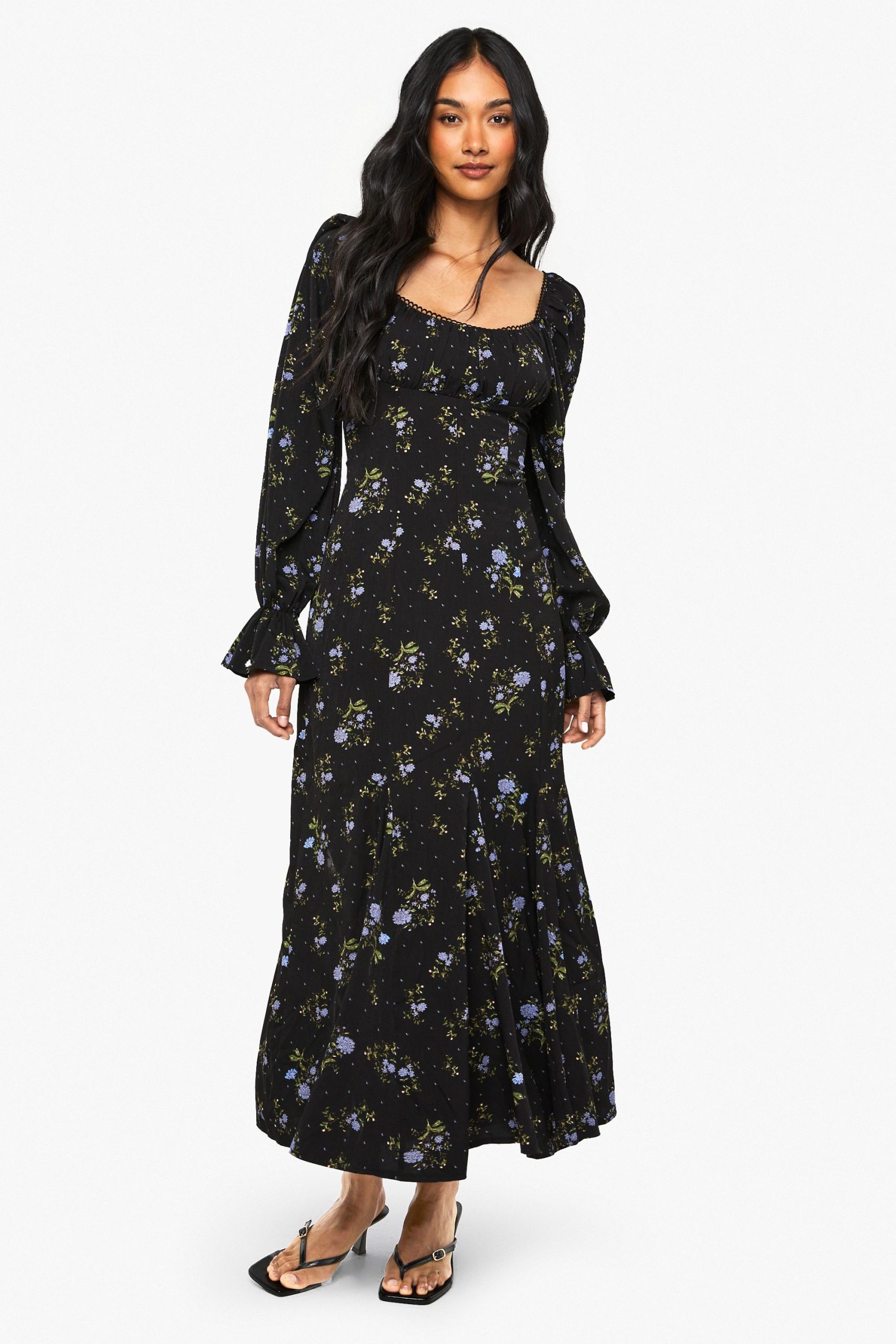 Floral Milkmaid Godet Hem Midaxi Dress