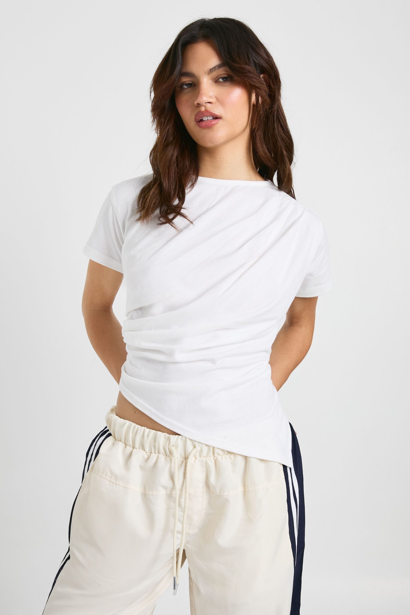 Asymmetric Hem Cinched Waist T-shirt