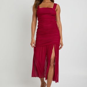 Mesh Square Neck Drop Waist Midaxi Dress