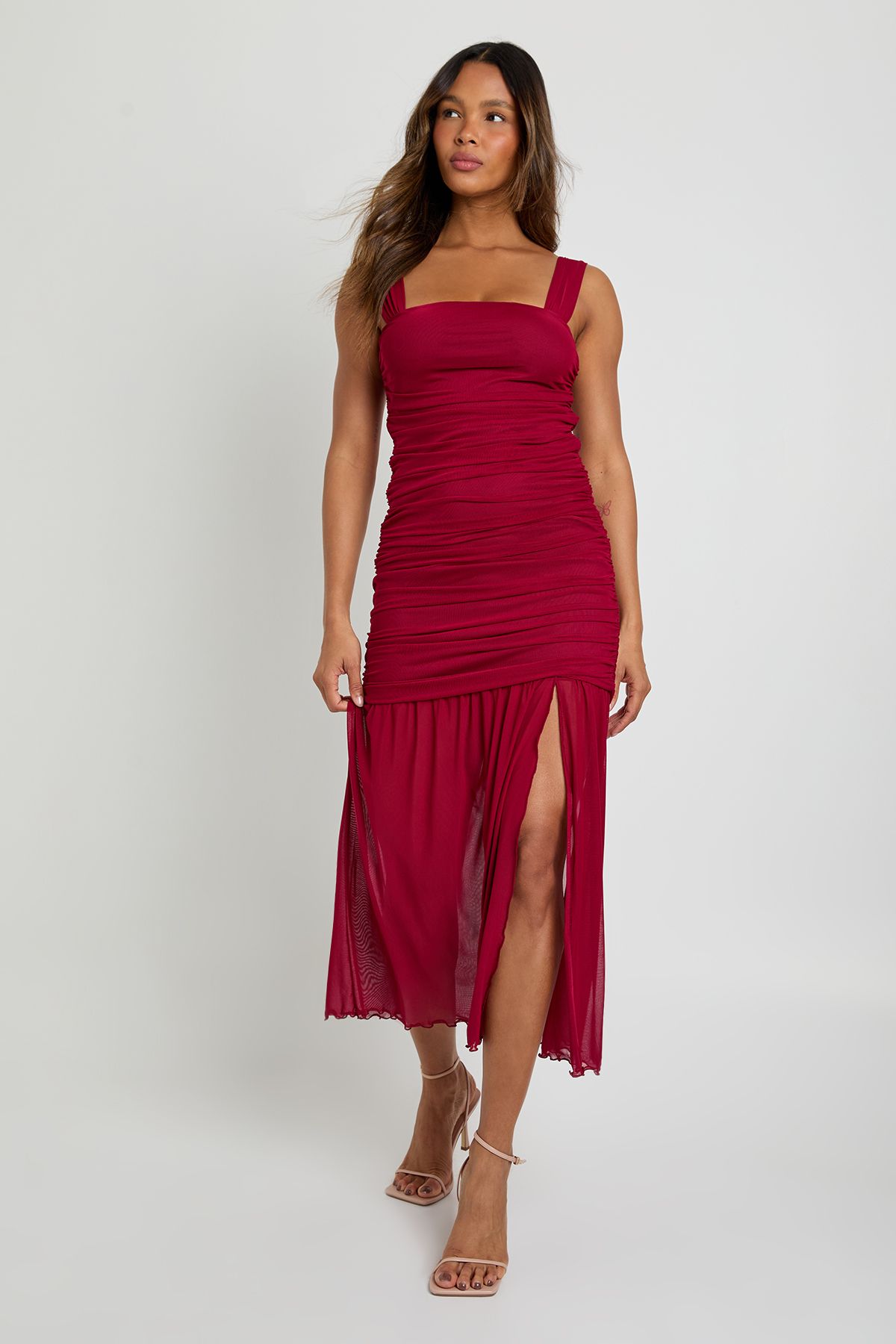 Mesh Square Neck Drop Waist Midaxi Dress