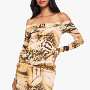Abstract Mesh Twist Front Bardot Mini Dress