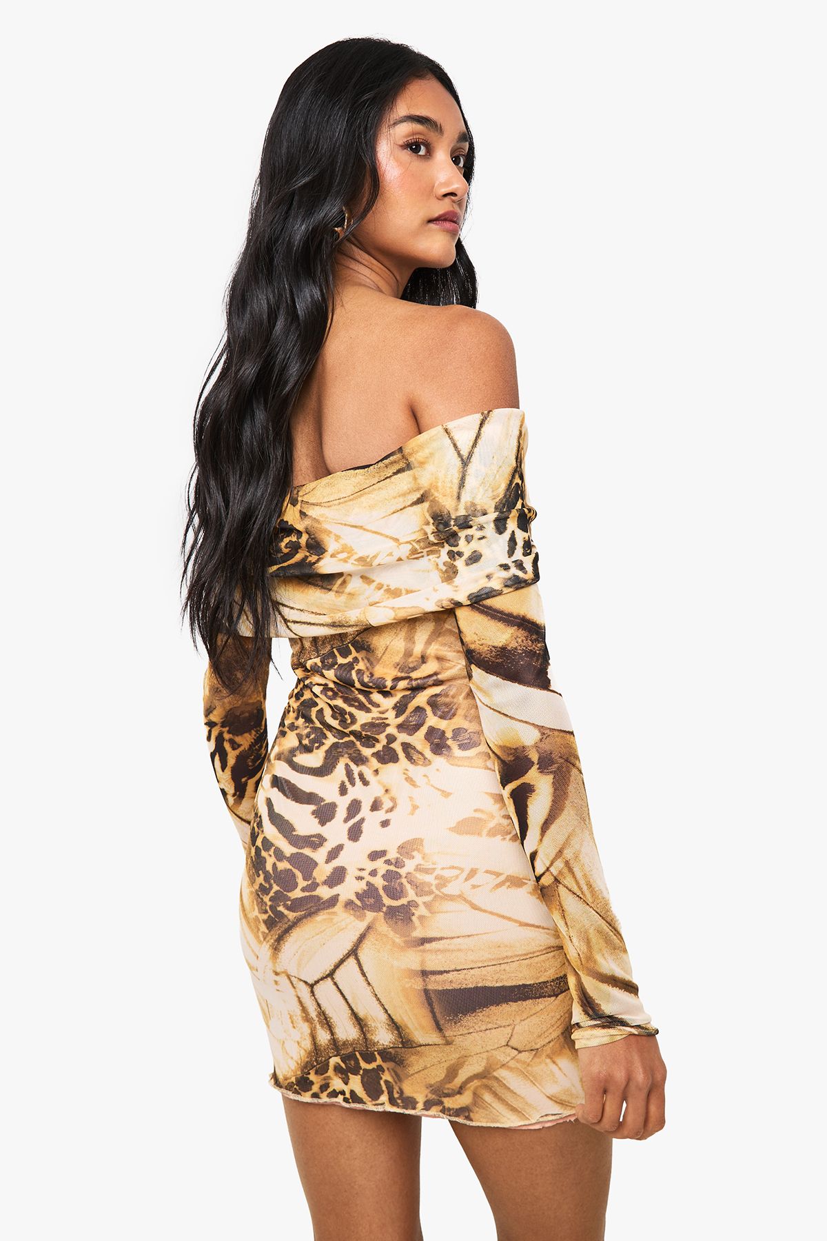 Abstract Mesh Twist Front Bardot Mini Dress - Image 2