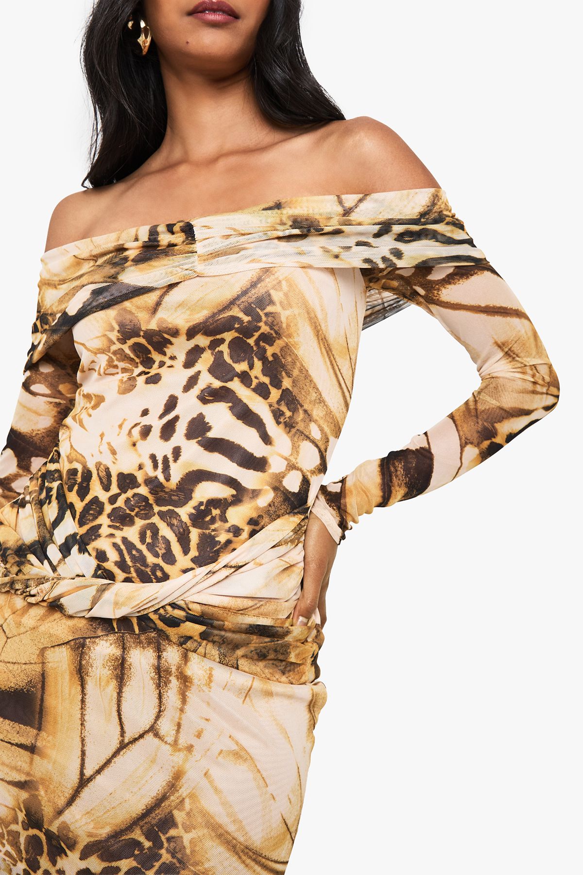 Abstract Mesh Twist Front Bardot Mini Dress - Image 4