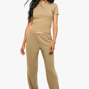 Ribbed Henley Button Down Short Sleeve Top And Straight Leg Trouser Co-ord