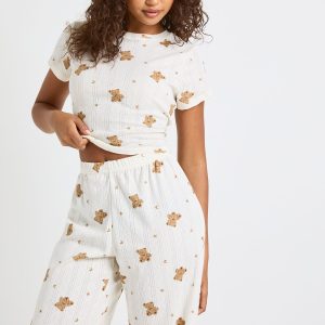 Pointelle Bear Print Baby Tee and Wide Leg Trouser Pyjama Set