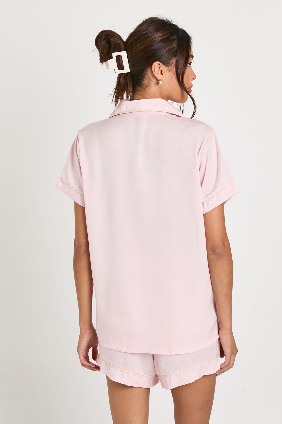 Satin Piping Detail Short Sleeve Shirt & Shorts Pyjama Set - Image 2