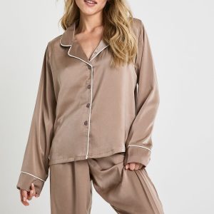 Petite Satin Piping Detail Long Sleeve Shirt & Trousers Pyjama Set