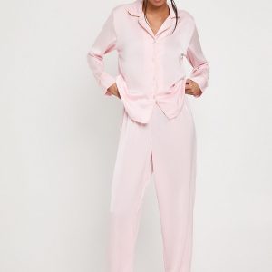 Satin Piping Detail Long Sleeve Shirt & Trousers Pyjama Set