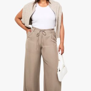Plus Woven Elasticated Back Tie Belt Wide Leg Trouser