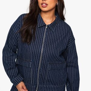 Plus Stripe Denim Collared Jacket