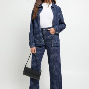 High Waist Striped Turn Up Wide Leg Jean