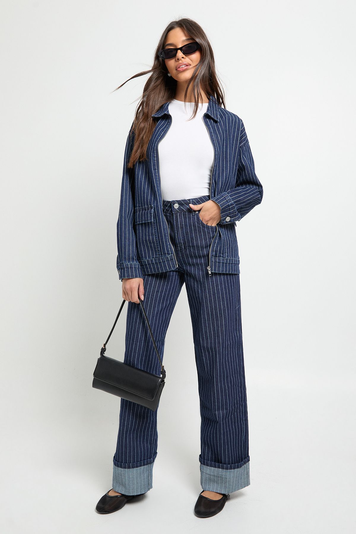 High Waist Striped Turn Up Wide Leg Jean