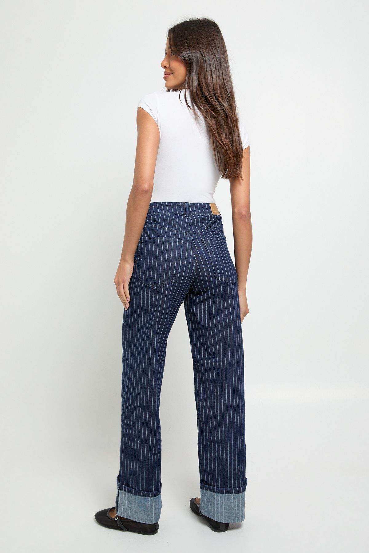 High Waist Striped Turn Up Wide Leg Jean - Image 2