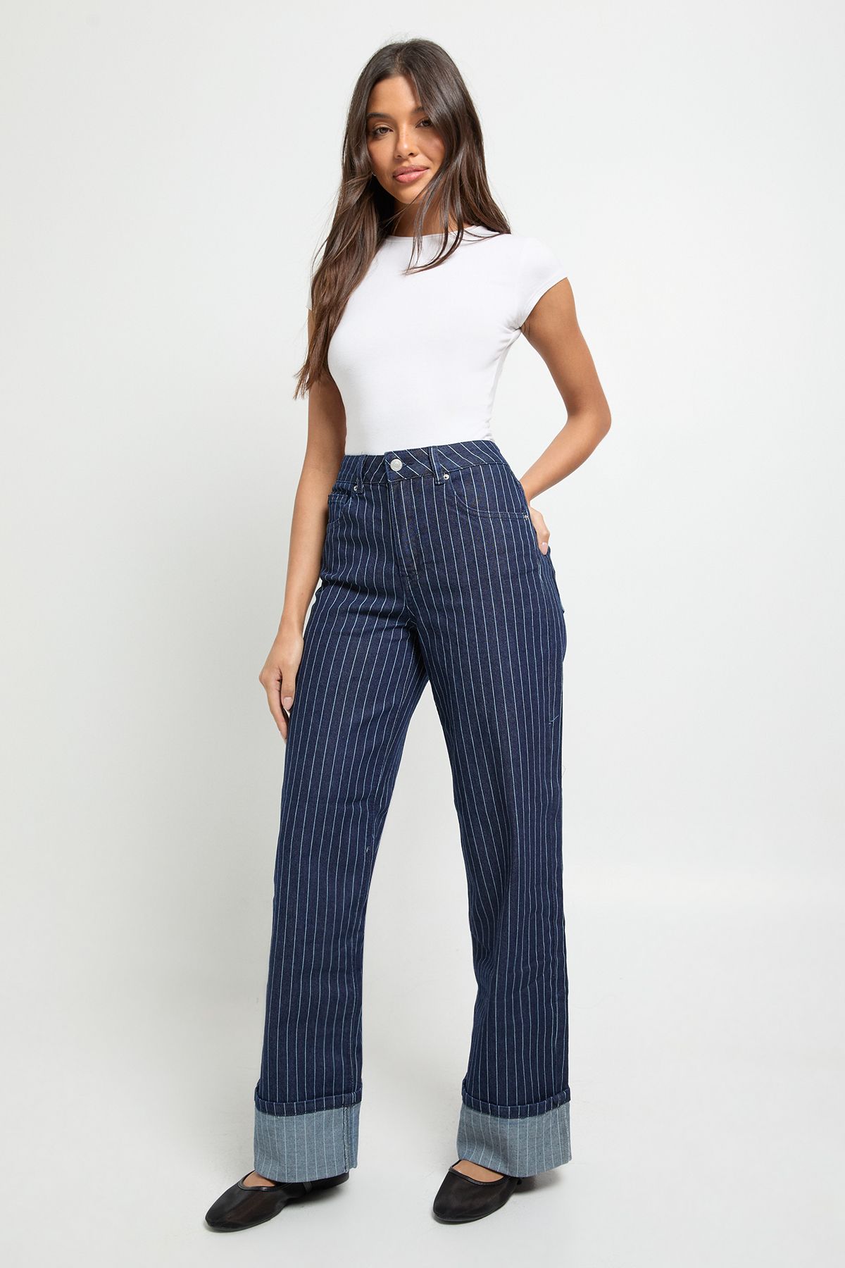 High Waist Striped Turn Up Wide Leg Jean - Image 3