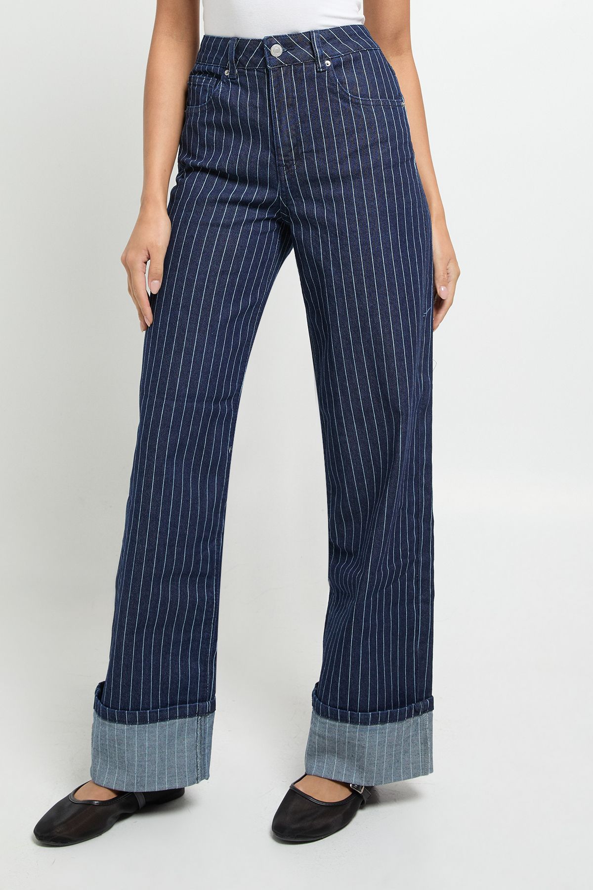 High Waist Striped Turn Up Wide Leg Jean - Image 4