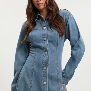 Long Sleeve Cinched Waist Denim Dress