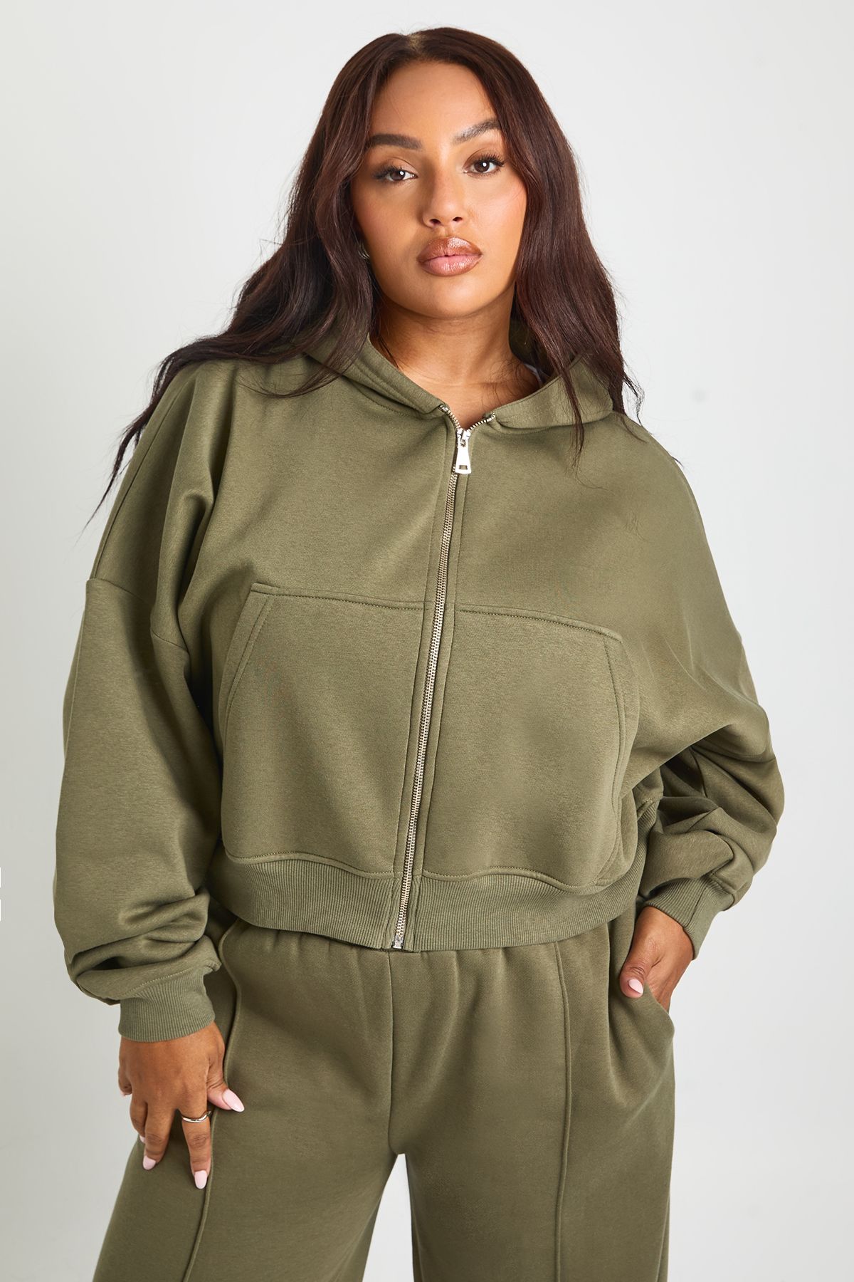 Plus Core Basic Boxy Balloon Sleeve Oversized Zip Through Hoodie