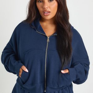 Plus Core Basic Boxy Balloon Sleeve Oversized Zip Through Hoodie