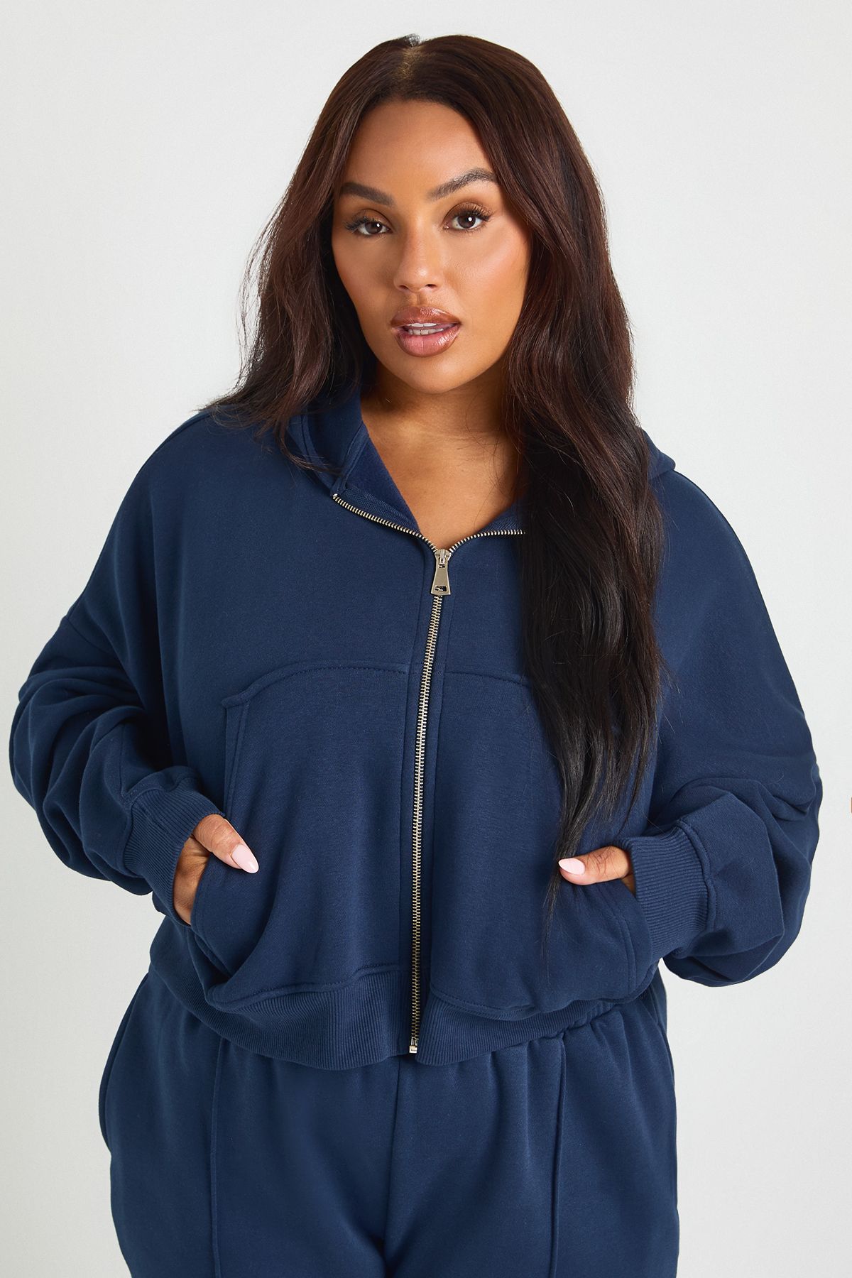 Plus Core Basic Boxy Balloon Sleeve Oversized Zip Through Hoodie