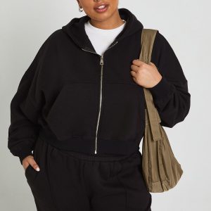 Plus Core Basic Boxy Balloon Sleeve Oversized Zip Through Hoodie