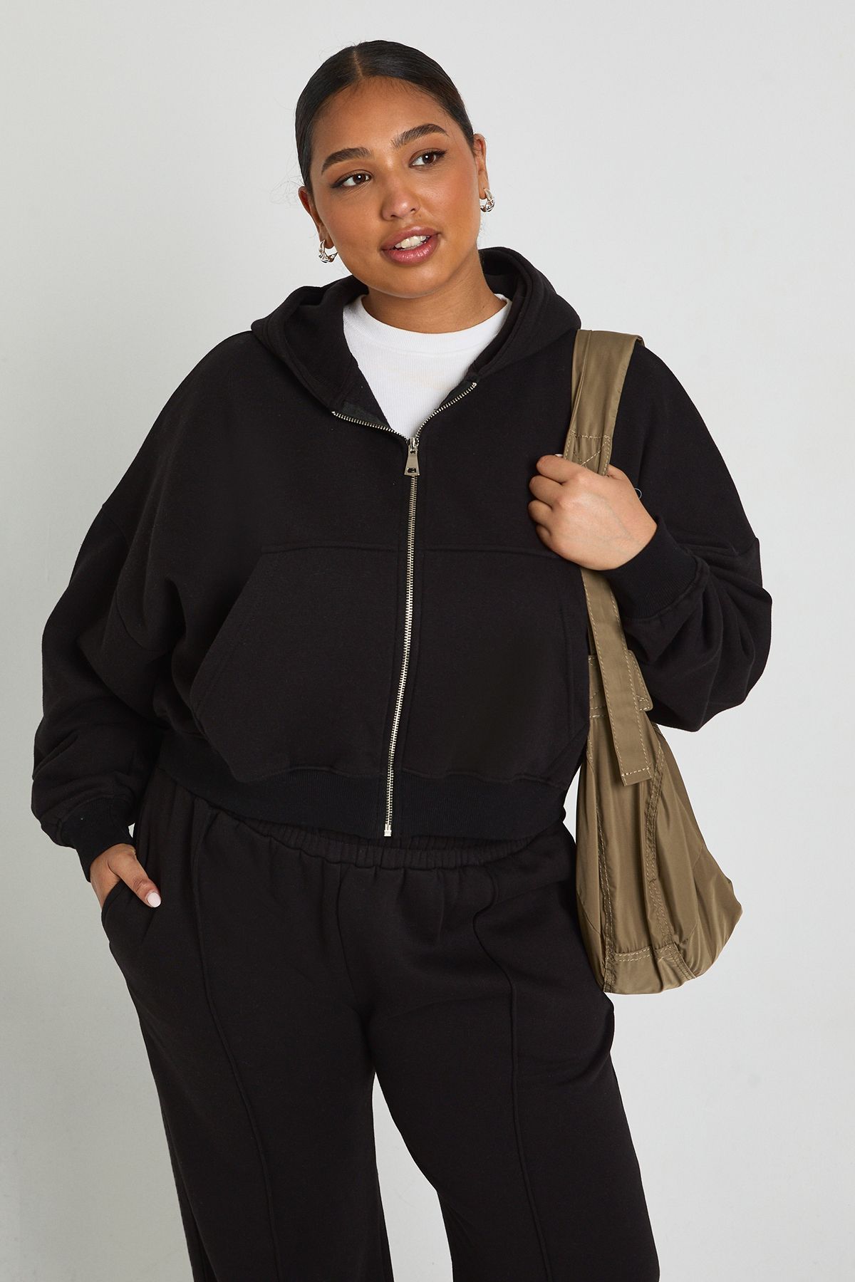 Plus Core Basic Boxy Balloon Sleeve Oversized Zip Through Hoodie