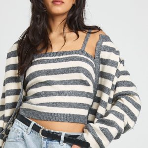 Super Soft Striped Knitted Boxy Fit Cardigan and Knitted Crop Top 2 Piece Set