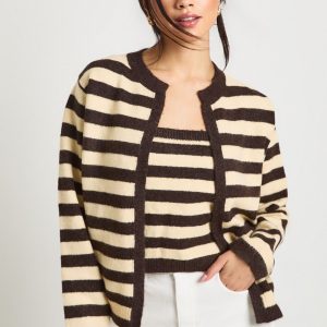 Super Soft Striped Knitted Boxy Fit Cardigan and Knitted Crop Top 2 Piece Set