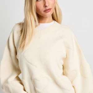 Chunky Knit V Neck Heart Print Jumper