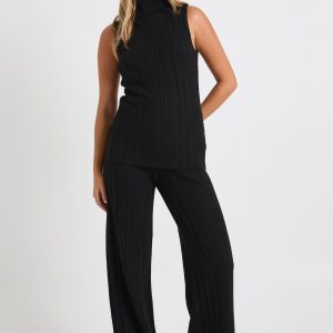 Soft Knit Longline Roll Neck Sleeveless Jumper and Wide Leg Trouser Co-Ord