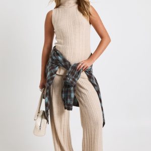 Soft Knit Longline Roll Neck Sleeveless Jumper and Wide Leg Trouser Co-Ord
