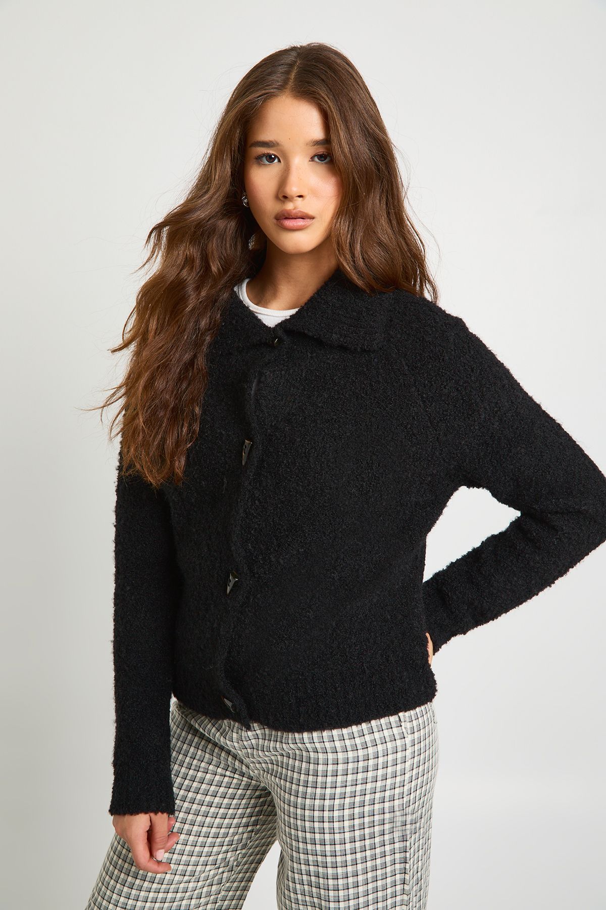 Boucle Knit Toggle Button Oversized Jumper - Image 3
