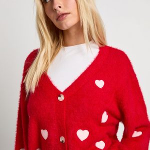 Fluffy Knit Heart Embroidered Oversized Knitted Cardigan