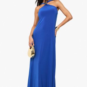 Gold Trim Halterneck Maxi Dress