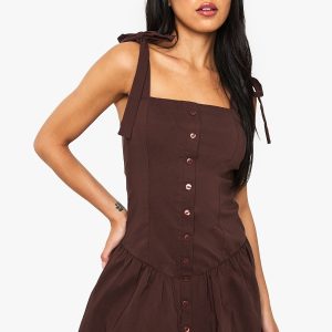 Button Through Dropped Waist Mini Dress